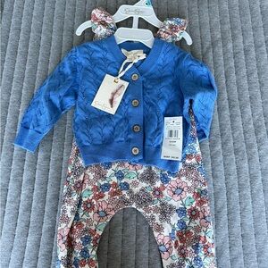Blue Knit Cardigan and Floral Jumpsuit Set